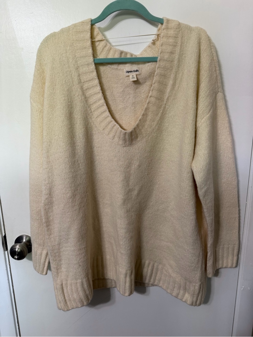 Open Edit Cream V-Neck Sweater